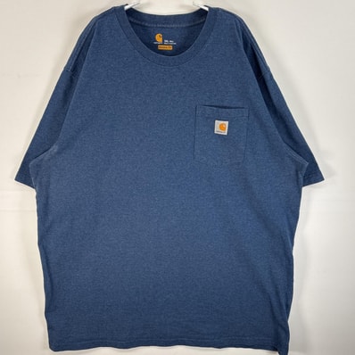 古着 カーハート Carhartt 半袖Tシャツ ワンポイント ロゴ 大きいサイズ 混色生地 2XL ネイビー系 無地 メンズ