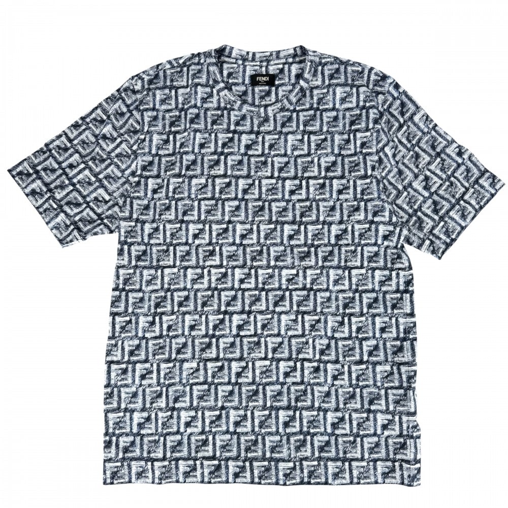 FENDI フェンディ 半袖Tシャツ ズッカ トップス アパレル クルーネック 服 カットソー L FY0936 ネイビー 紺 ホワイト 白 コットン    メンズ 春 夏 美品【中古品】