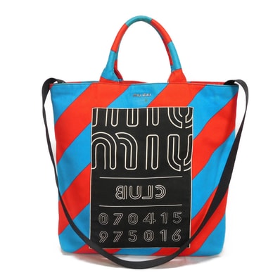 MIUMIU ミュウミュウ クラブ トート バイアス ストライプ レッド ブラック マルチカラー 2WAY ショルダーバッグ ロゴ メタル コットン ブルー トートバッグ 5BG022 2EU0 F0GF4