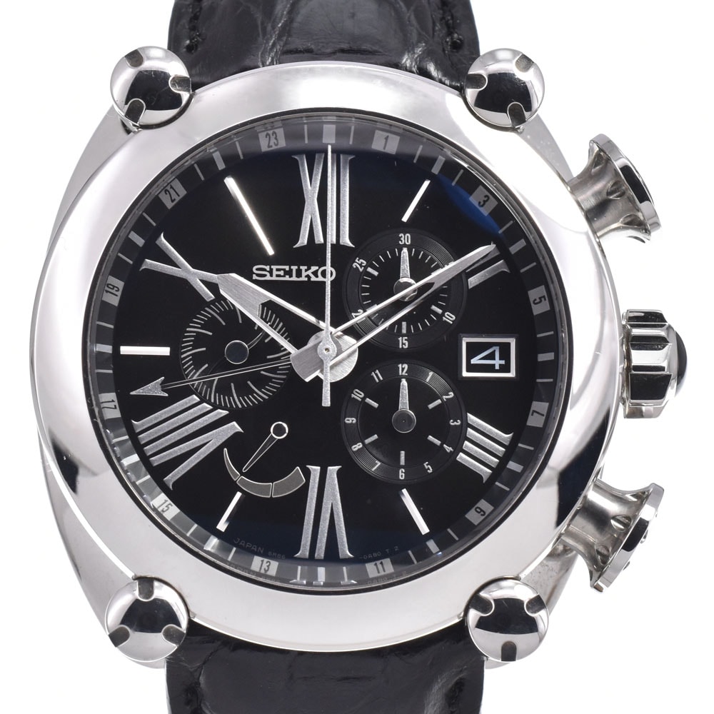 セイコー SEIKO 5R86-0AB0 SBLA049 ガランテ クロノグラフ ブラック スプリングドライブ メンズ 美品 腕時計 J#150453