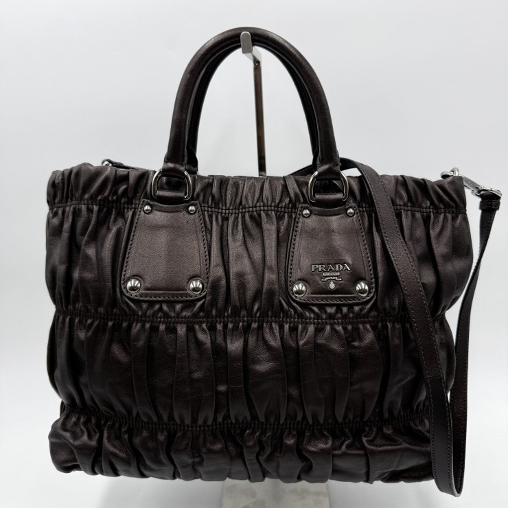 PRADA(プラダ)ギャザーハンドバッグ ショルダーバッグ 2WAY レザー ダークブラウン