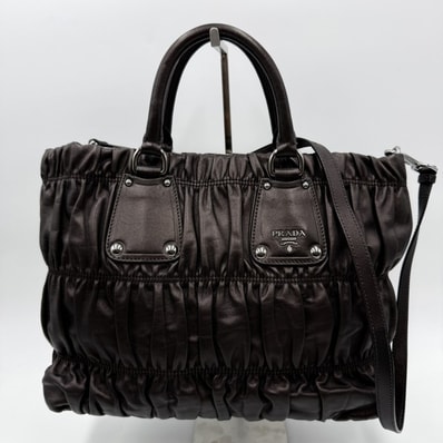 PRADA(プラダ)ギャザーハンドバッグ ショルダーバッグ 2WAY レザー ダークブラウン