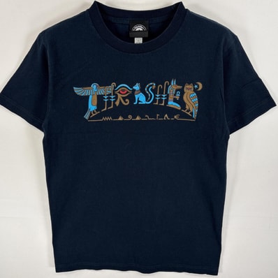 古着 スラッシャー THRASHER 半袖Tシャツ 古代文明 ラバーロゴプリント スケボー S ネイビー メンズ