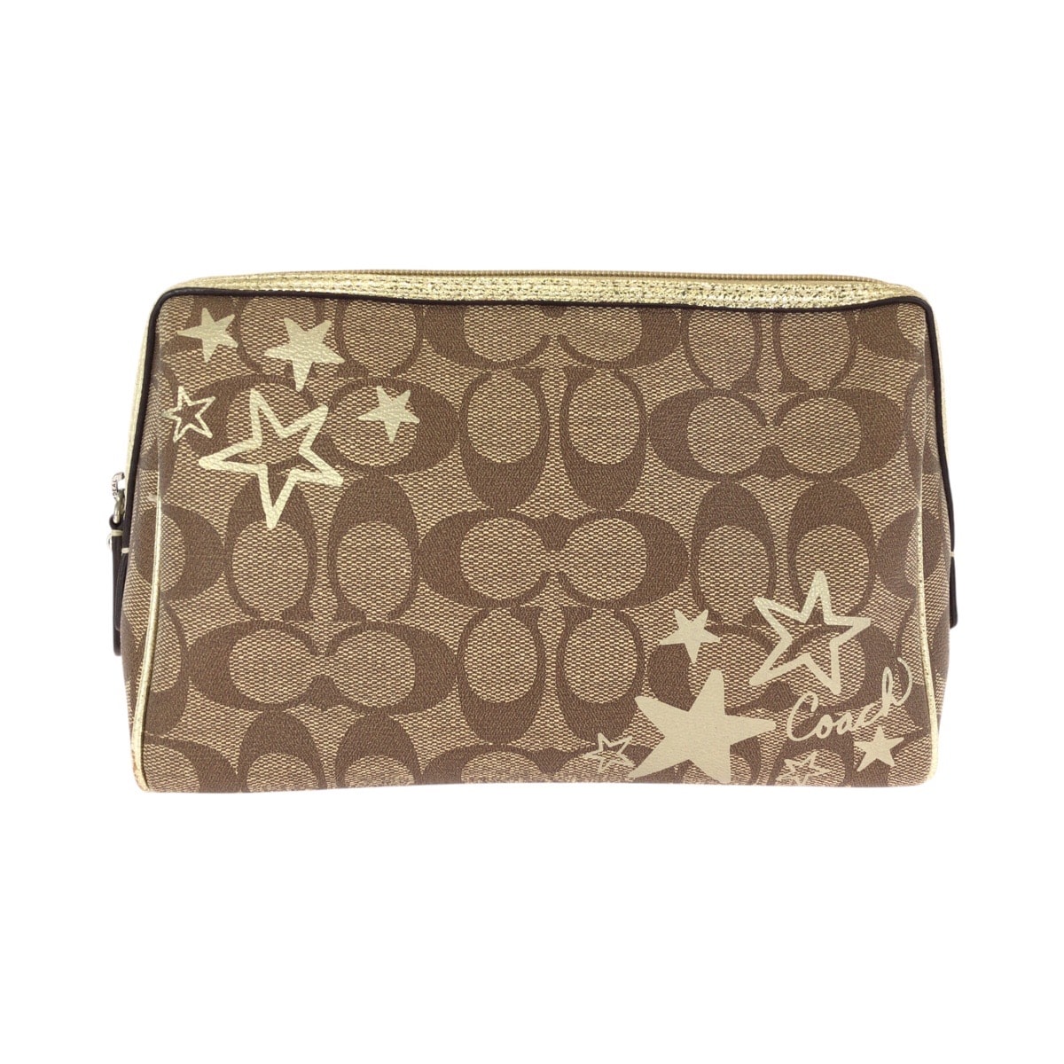 美品 COACH コーチ シグネチャー 星 ベージュ ブラウン ゴールド PVC ポーチ メイクポーチ 小物入れ 602653 【中古】