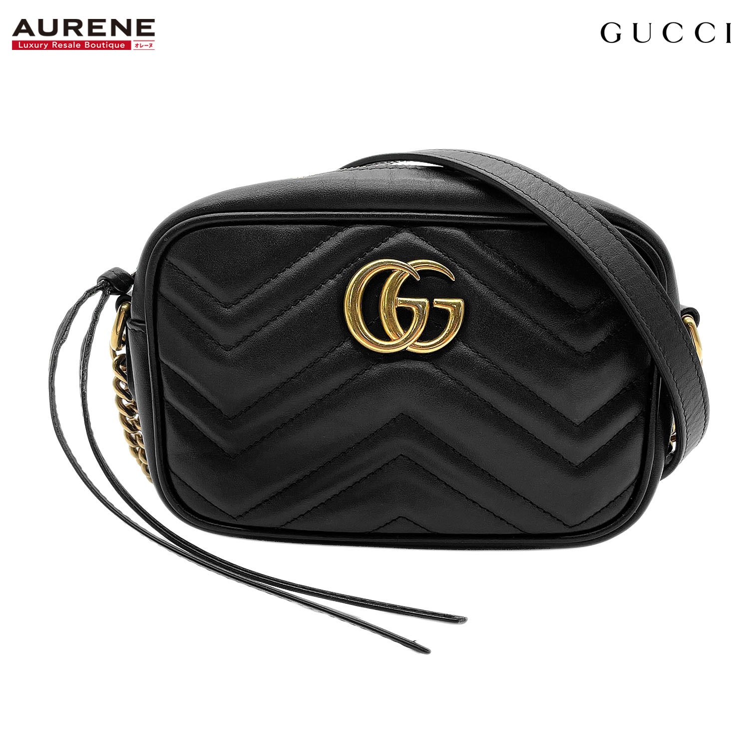 GUCCI グッチ キルティング ショルダーバッグ チェーン GG マーモント 448065 レザー メタル ブラック レディース 【中古】