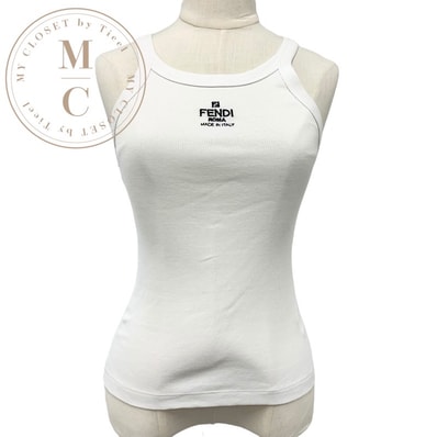 フェンディ FENDI トップス コットン ホワイト ブラック ロゴ タンクトップ