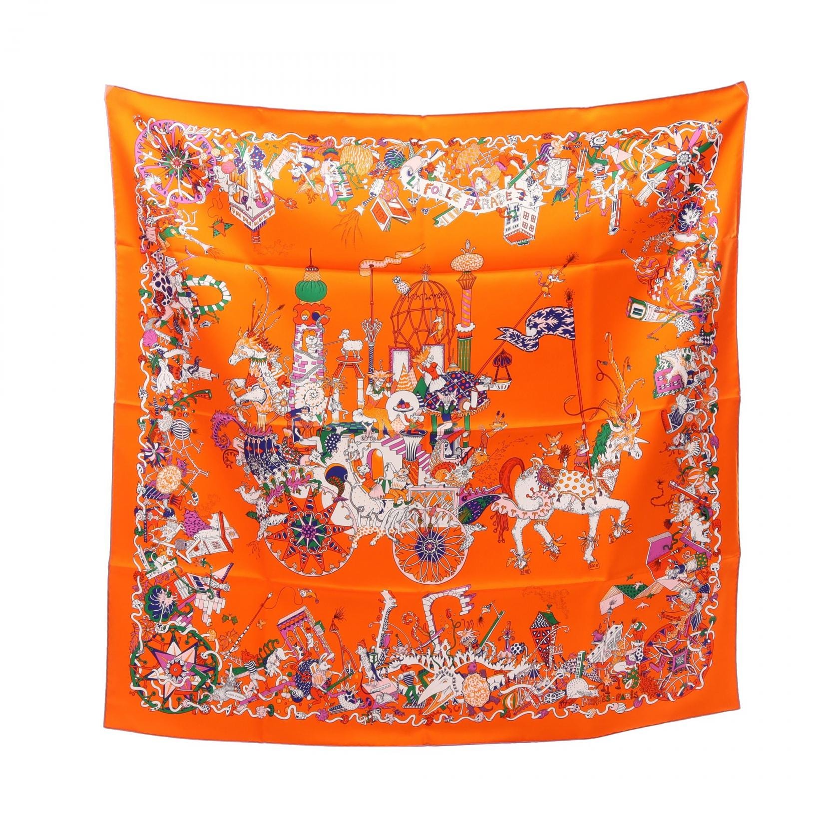 エルメス HERMES カレ90 La Folle Parade スカーフ 衣料品 シルク シルク オレンジ レディース オレンジ系 / マルチカラー 【中古】