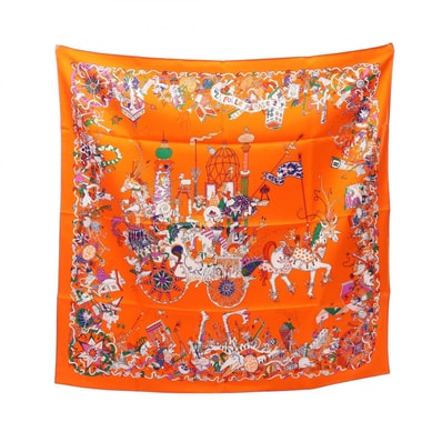 エルメス HERMES カレ90 La Folle Parade スカーフ 衣料品 シルク シルク オレンジ レディース オレンジ系 / マルチカラー 【中古】