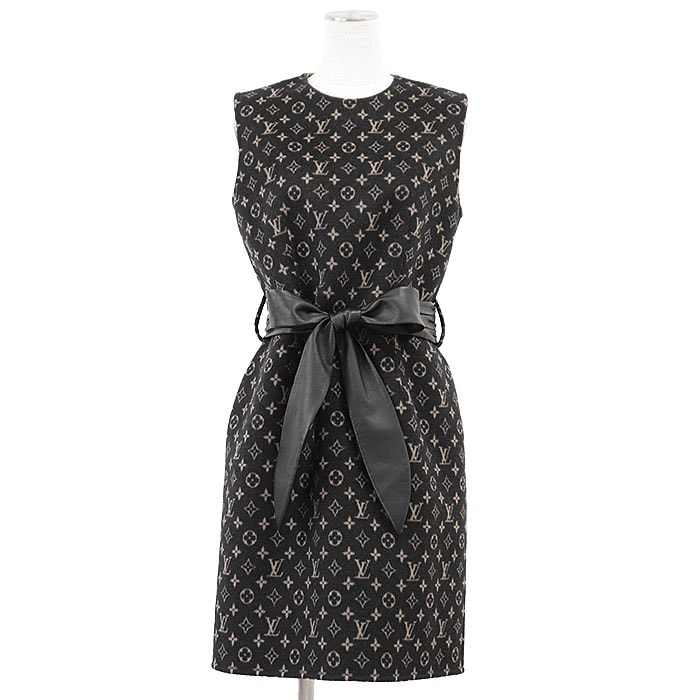 【極美品】LOUIS VUITTON ルイ・ヴィトン ワンピース 2021S/S LV モノグラム ベルテッド ウール × シルク ライトメルトン ノースリーブ ドレス レザーベルト付属 レディース サイズ 38 ブラック キャメル 黒 イタリア製