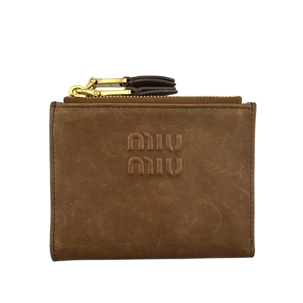 ミュウミュウ MIUMIU 二つ折り財布 エンボスロゴ スナップ開閉式 5ML024 ブラウン