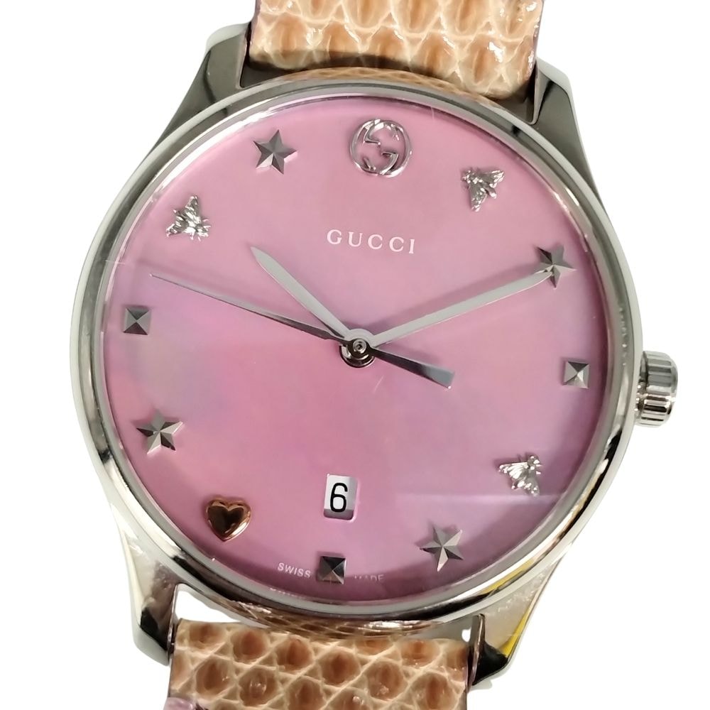 GUCCI グッチ 126.5 Gタイムレス ピンクシェル クォーツ リザード レザーベルト 腕時計 シルバー ピンク C849