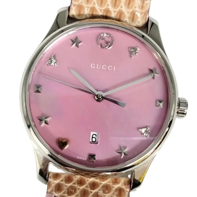 GUCCI グッチ 126.5 Gタイムレス ピンクシェル クォーツ リザード レザーベルト 腕時計 シルバー ピンク C849