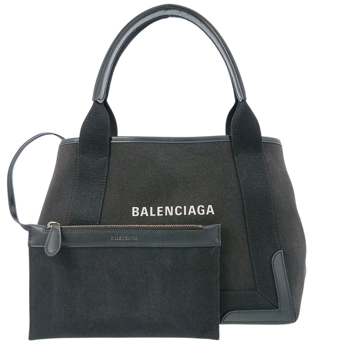 BALENCIAGA バレンシアガ ネイビーカバ S トートバッグ キャンバス レザー ブラック 【中古】