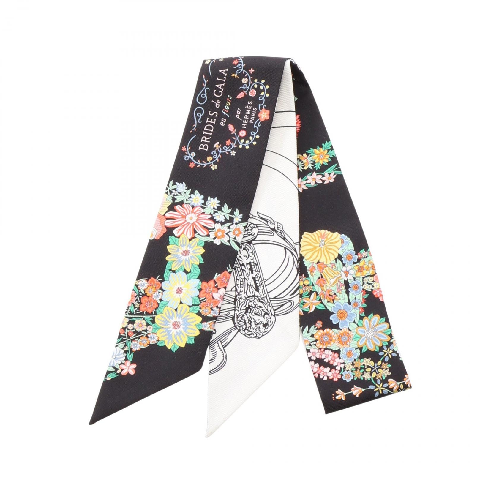 エルメス HERMES ツイリー Brides de Gala en Fleurs アイライナー リボン スカーフ 衣料品 シルク シルク ホワイト レディース ブラック系 / ホワイト系 / マルチカラー 【中古】