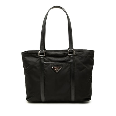プラダ テスート 三角ロゴプレート トートバッグ ハンドバッグ ブラック ナイロン サフィアーノレザー レディース PRADA 中古