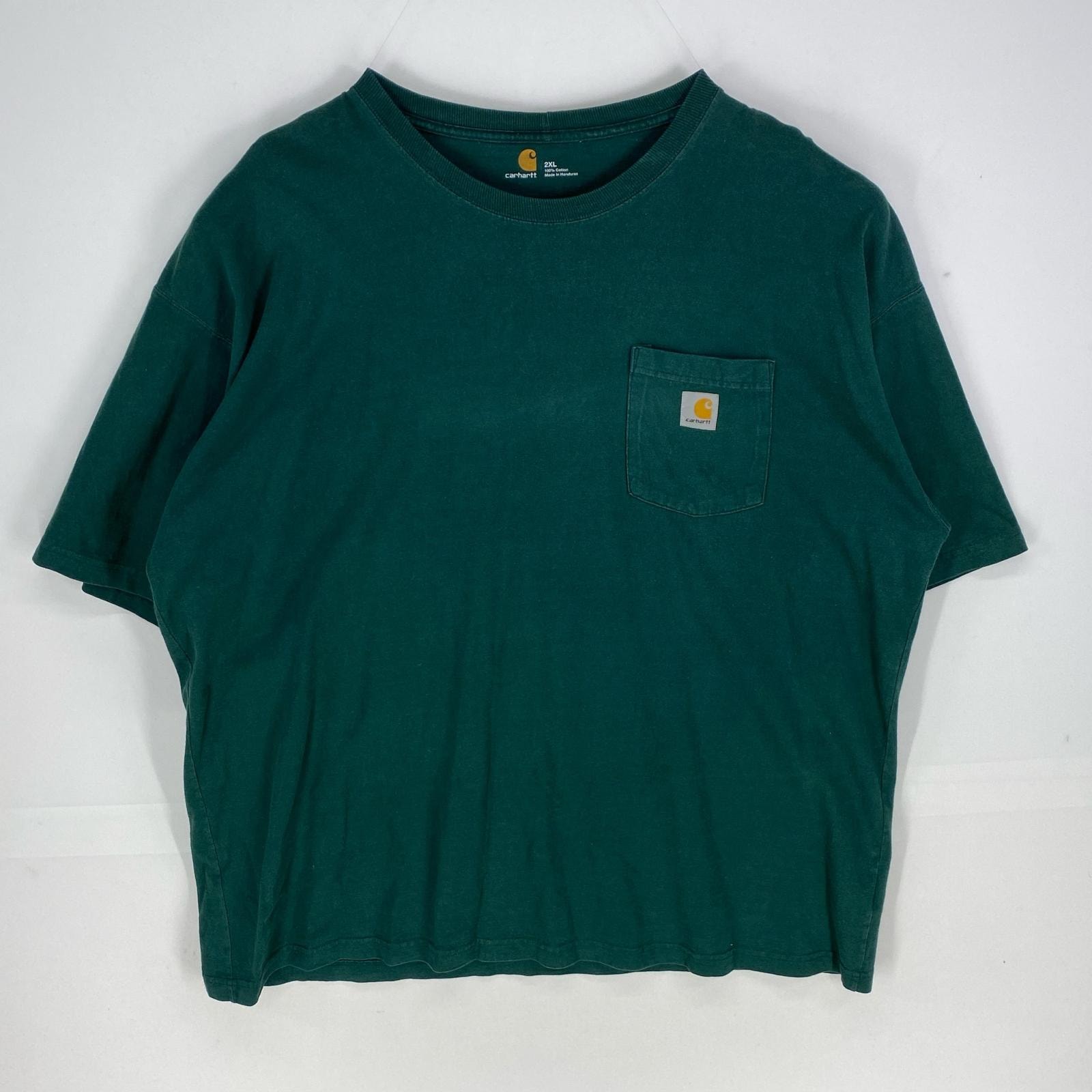古着 カーハート Carhartt 半袖Tシャツ ワンポイント 胸ポケット ショートスリーブ クルーネック 2XL  グリーン系 メンズ
