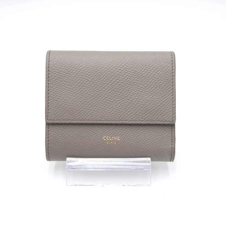 CELINE(セリーヌ)スモール トリフォールドウォレット 三つ折り財布 コンパクトウォレット ペブル グレージュ グレインドカーフスキン レザー ゴールド金具 レディース【中古】