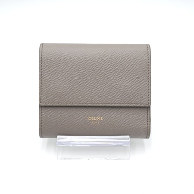 CELINE(セリーヌ)スモール トリフォールドウォレット 三つ折り財布 コンパクトウォレット ペブル グレージュ グレインドカーフスキン レザー ゴールド金具 レディース【中古】