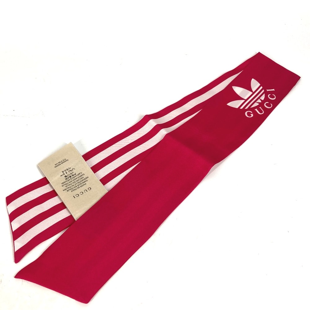グッチ GUCCI アディダス adidas コラボ 703568 バンドースカーフ ネックボウ 3本ライン スカーフ シルク ピンク 未使用
