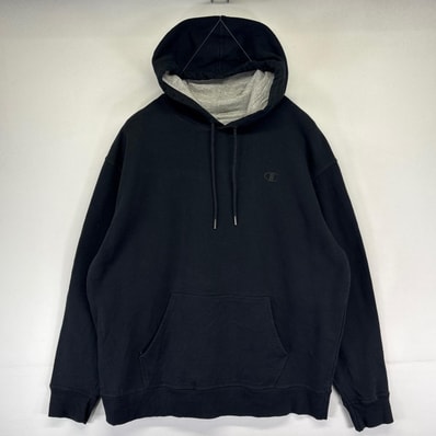 古着 チャンピオン Champion パーカー ワンポイントロゴ 刺繍 スウェット プルオーバー フーディー XL ブラック系 メンズ