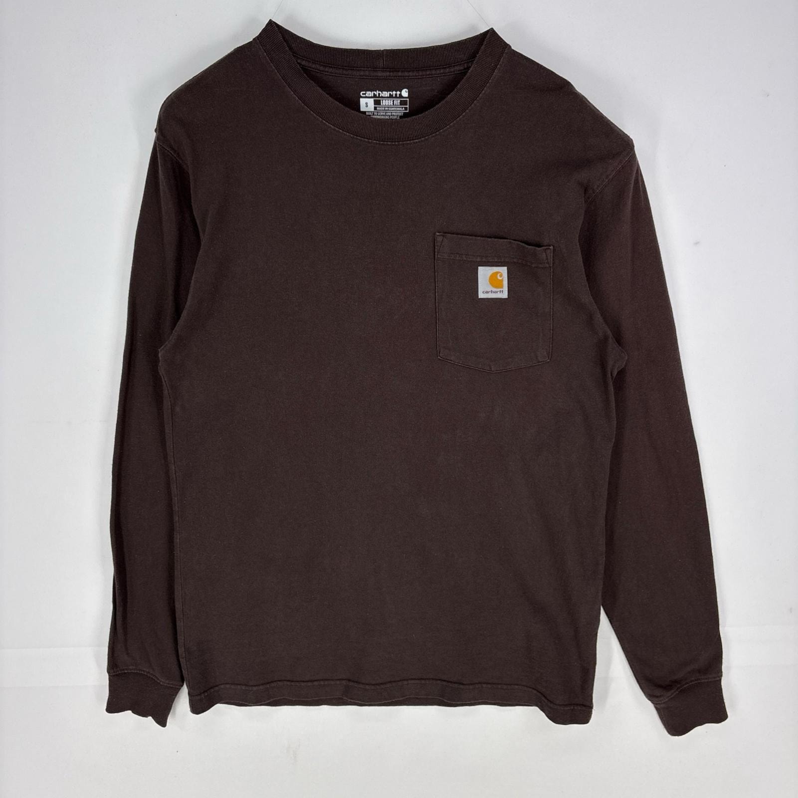 古着 カーハート Carhartt 長袖Tシャツ ポケット ワンポイントロゴ クルーネック ルーズフィット S  ブラウン系 メンズ