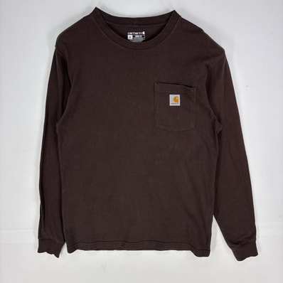 古着 カーハート Carhartt 長袖Tシャツ ポケット ワンポイントロゴ クルーネック ルーズフィット S ブラウン系 メンズ