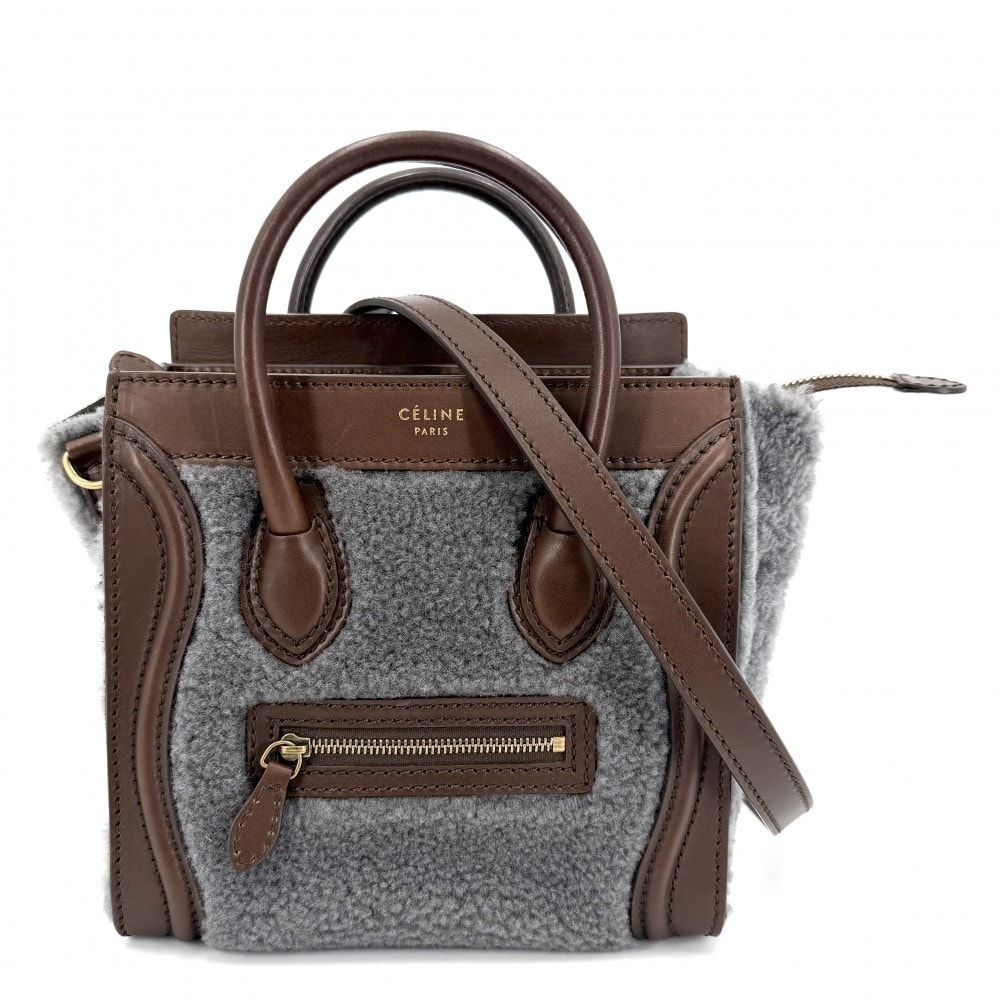 CELINE セリーヌ 2WAY ラゲージナノショッパー ボア ショルダーバッグ 肩掛け 斜め掛け ハンドバッグ レザー  ムートン   ブラウン 茶 グレー ゴールド金具 レディース【中古品】