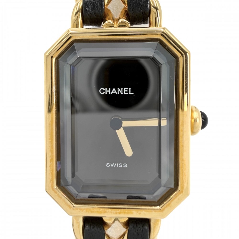CHANEL シャネル 腕時計 プルミエールL ウォッチ 電池式 黒文字盤 QZ クオーツ GP  レザー   ゴールド ブラック 黒 レディース【中古品】