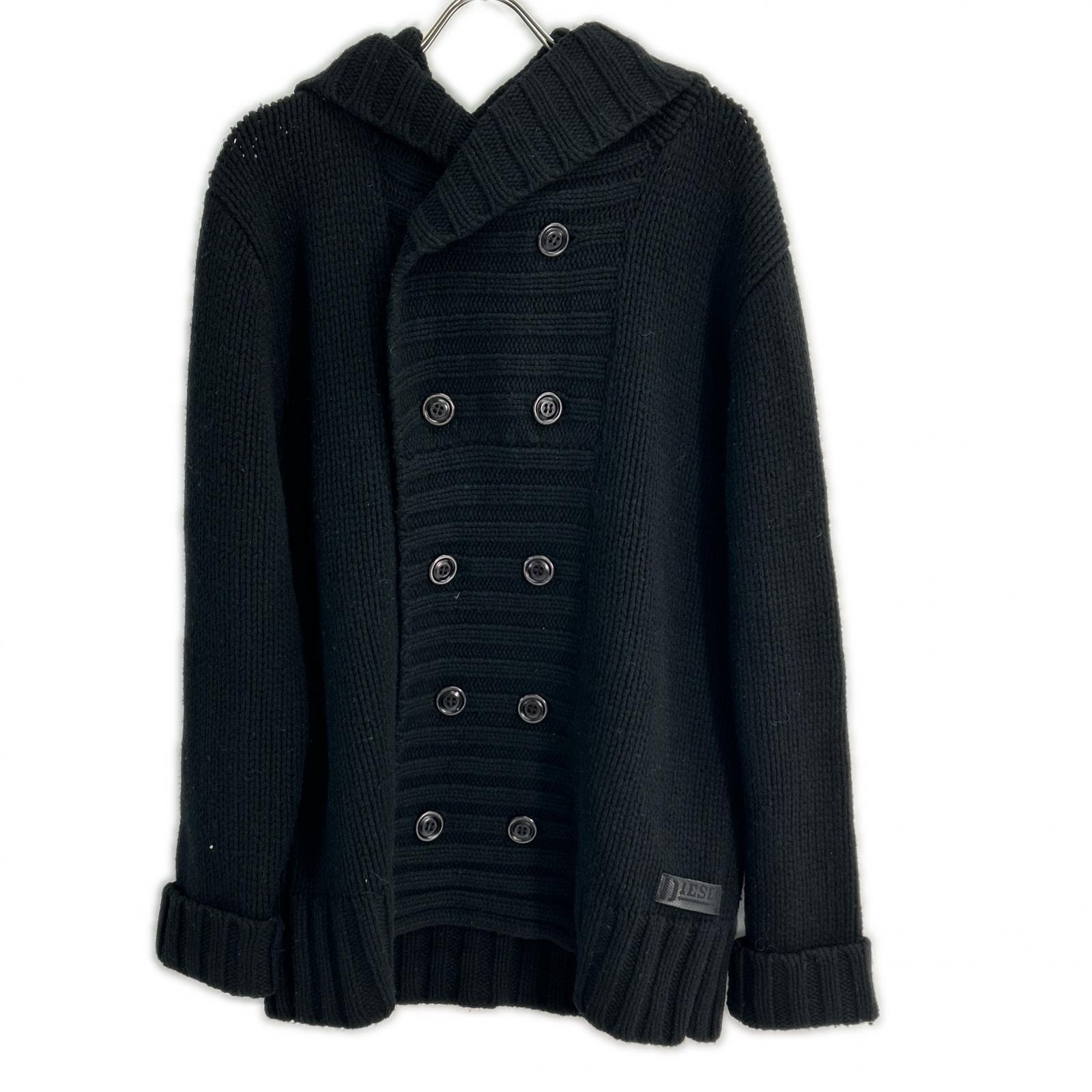 ディーゼル ブラック ウール ダブルブレストフーデッドニットジャケット