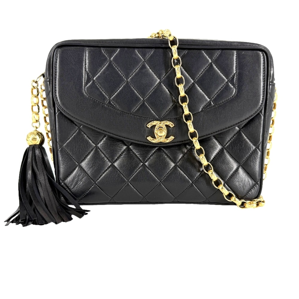 CHANEL シャネル ショルダーバッグ マトラッセ ダイアナフラップ タッセル ココマーク 肩掛け 斜め掛け ターンロック ラムスキン ブラック 黒 ゴールド金具 レディース【中古品】