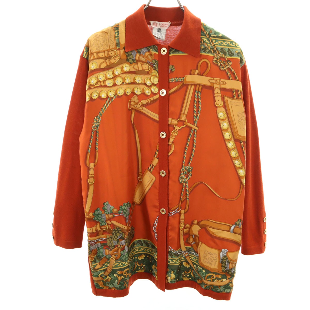 LOEWE ロエベ 80s 90s イタリア製 シルク オールド スカーフ柄 長袖 ニットカーディガン M オレンジブラウン