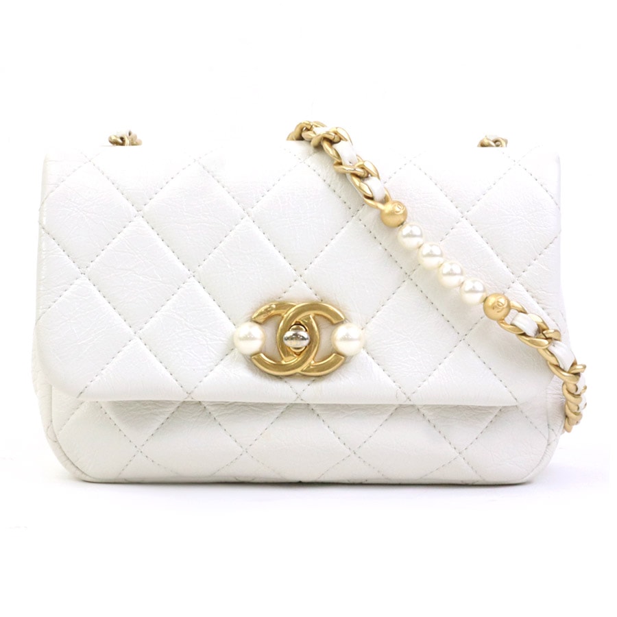シャネル CHANEL ショルダーバッグ レザー/フェイクパール オフホワイト ゴールド レディース【中古】 e62402a