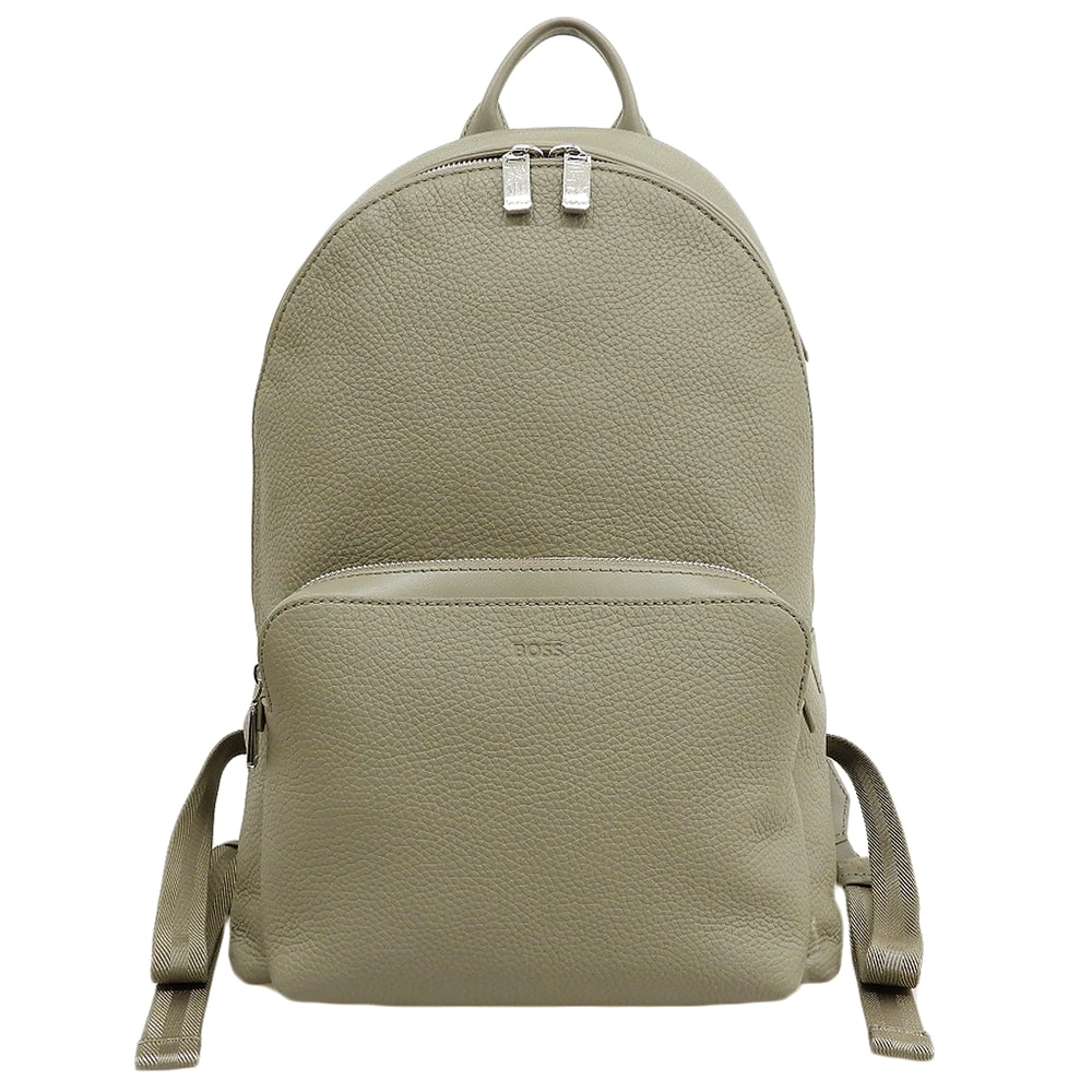 ボス 美品 イタリアングレインレザー エンボスロゴ バックパック リュック デイパック メンズ グレージュ 50536142