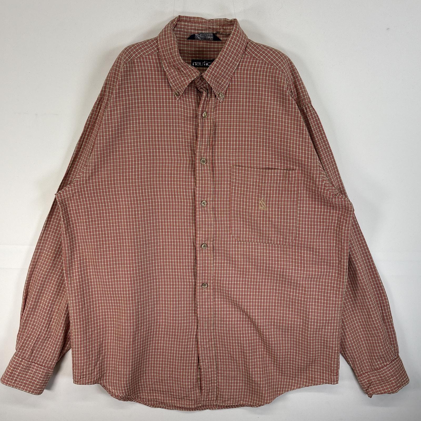 古着 90's/90年代 ノーティカ NAUTICA 長袖シャツ ロゴ 刺繍 薄手 ボタンダウン L  レッド系 チェック メンズ