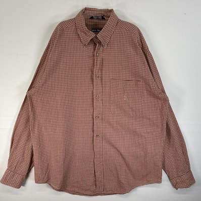古着 90's/90年代 ノーティカ NAUTICA 長袖シャツ ロゴ 刺繍 薄手 ボタンダウン L レッド系 チェック メンズ