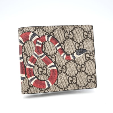 GUCCI(グッチ)キングスネーク GGスプリーム 二つ折り財布 コンパクトウォレット ベージュ PVC レザー メンズ 451266 2778【中古】