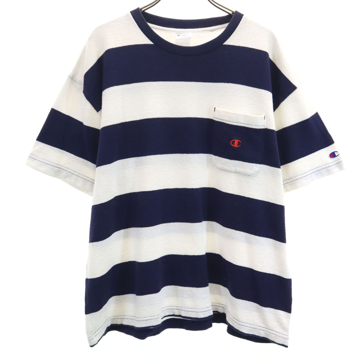 Champion チャンピオン ボーダー柄 半袖 パイル調 Tシャツ M ホワイト ポケT