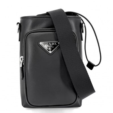 PRADA プラダ ショルダーバッグ スマートフォンケース 三角ロゴ トライアングル 肩掛け 斜め掛け 2ZH155 カーフ ナイロン ブラック 黒 シルバー金具 ユニセックス 美品【中古品】