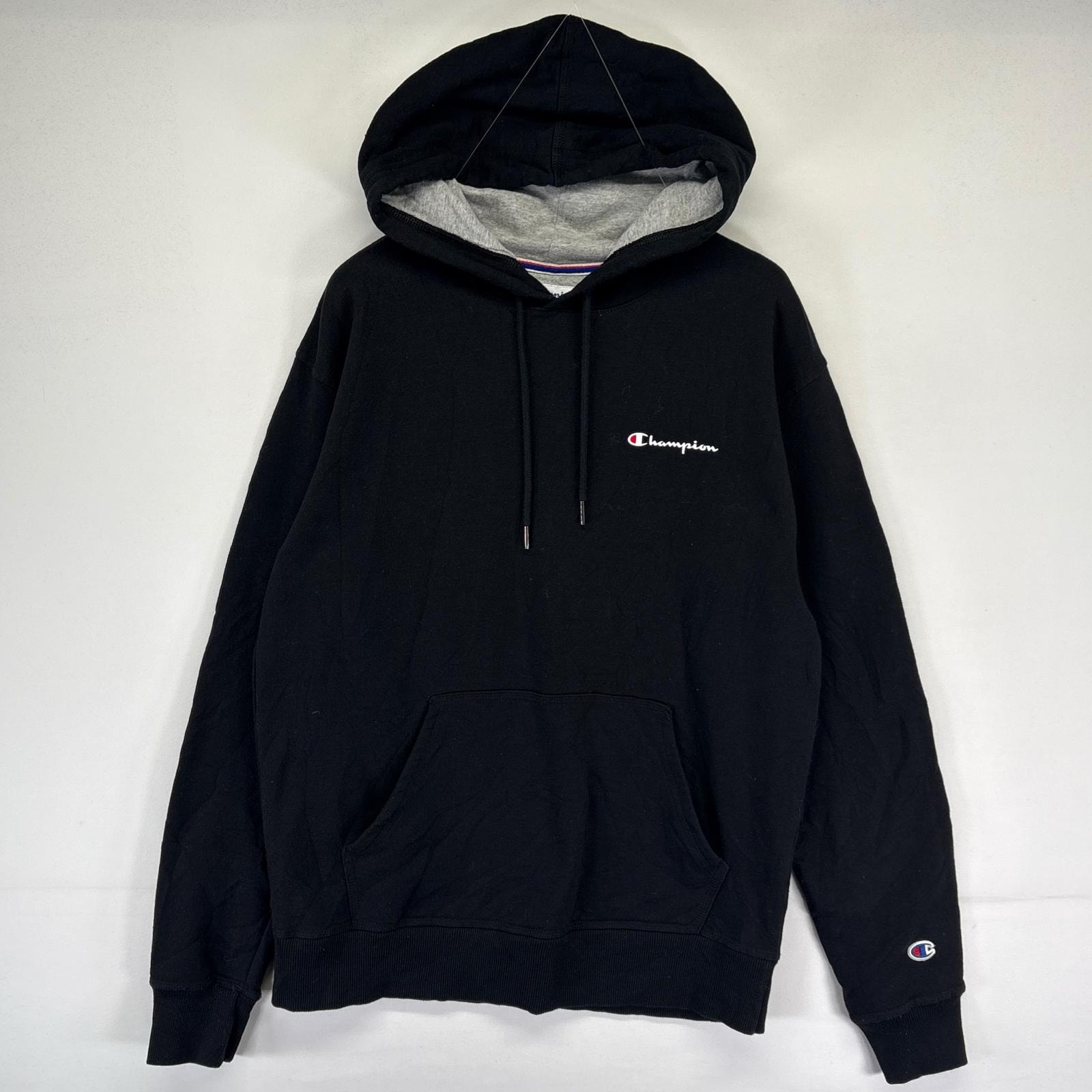 古着 チャンピオン Champion パーカー プルオーバー ワンポイントプリントロゴ 袖ロゴ スウェット M  ブラック系 メンズ