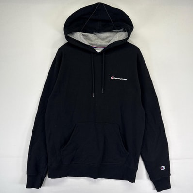 古着 チャンピオン Champion パーカー プルオーバー ワンポイントプリントロゴ 袖ロゴ スウェット M ブラック系 メンズ