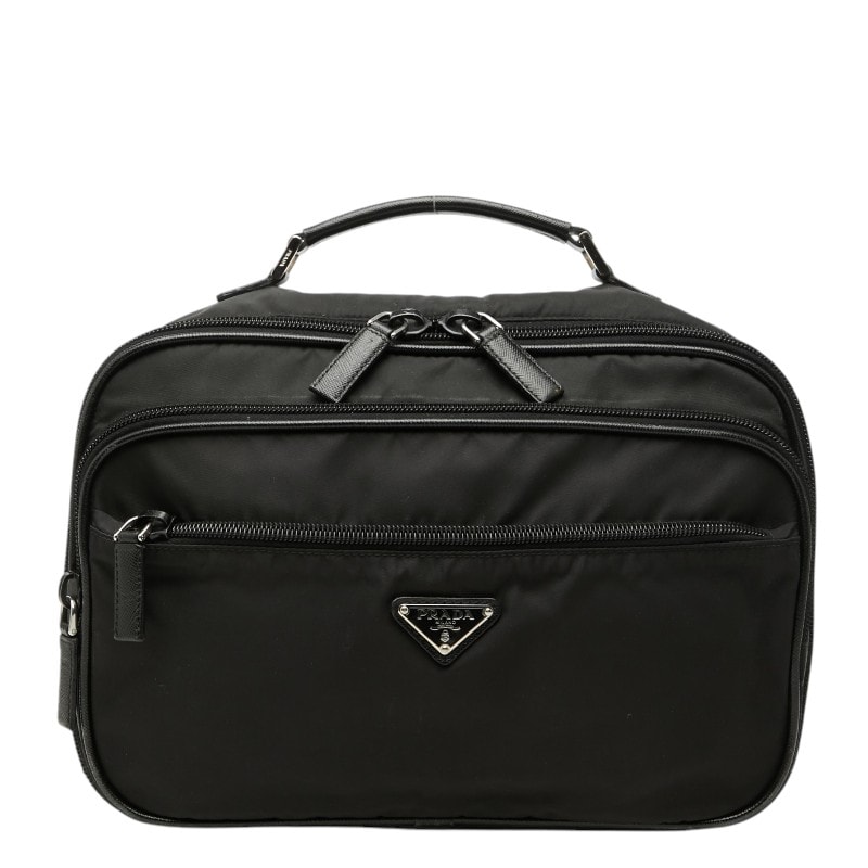 プラダ 三角ロゴプレート バニティバッグ キャリーオンバッグ コスメバッグ ブラック ナイロン レディース PRADA 【中古】