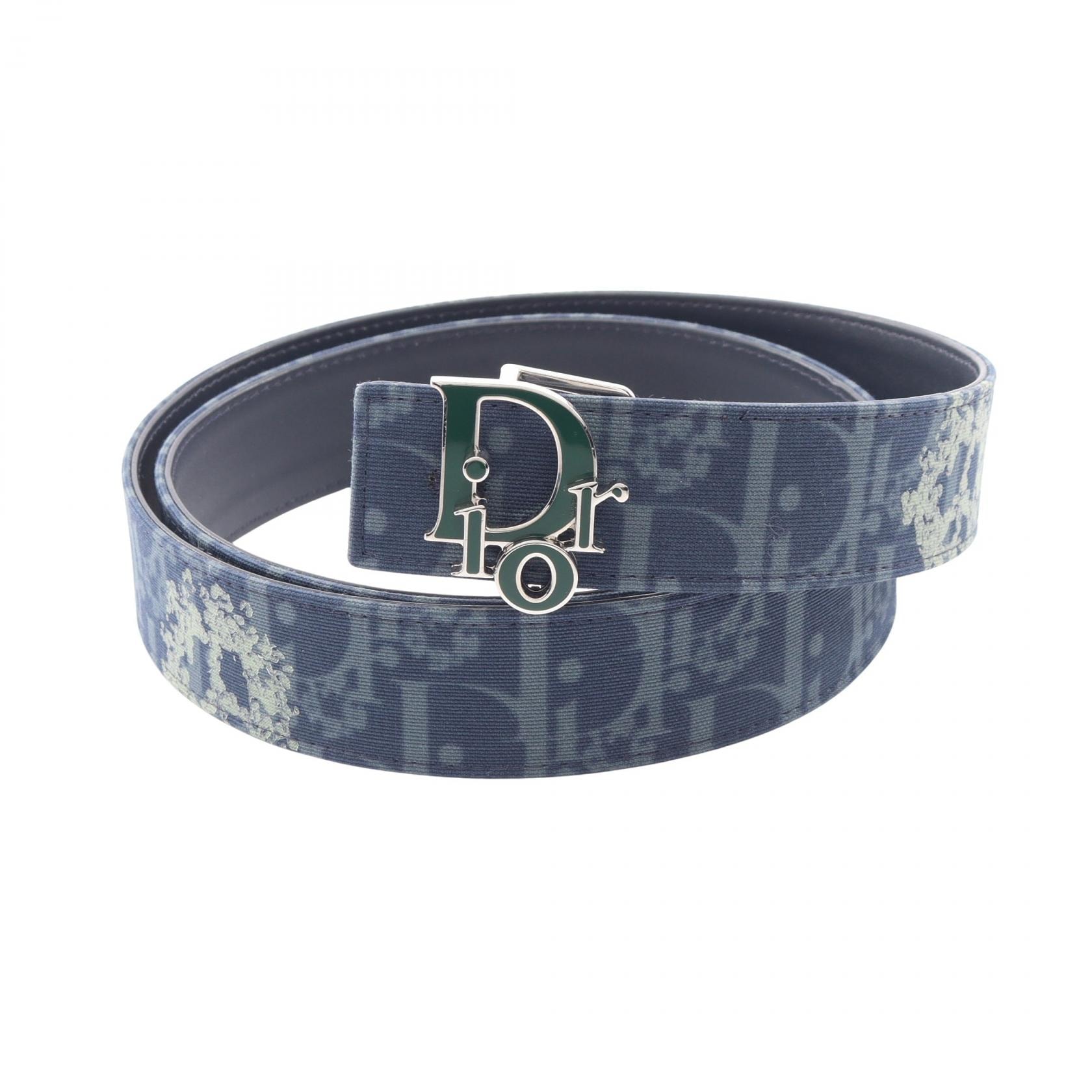 ディオール Dior DIOR × Denim Tears シルバー金具 リバーシブル ベルト 衣料品 キャンバス レザー メンズ ネイビー系 / グリーン系 【中古】