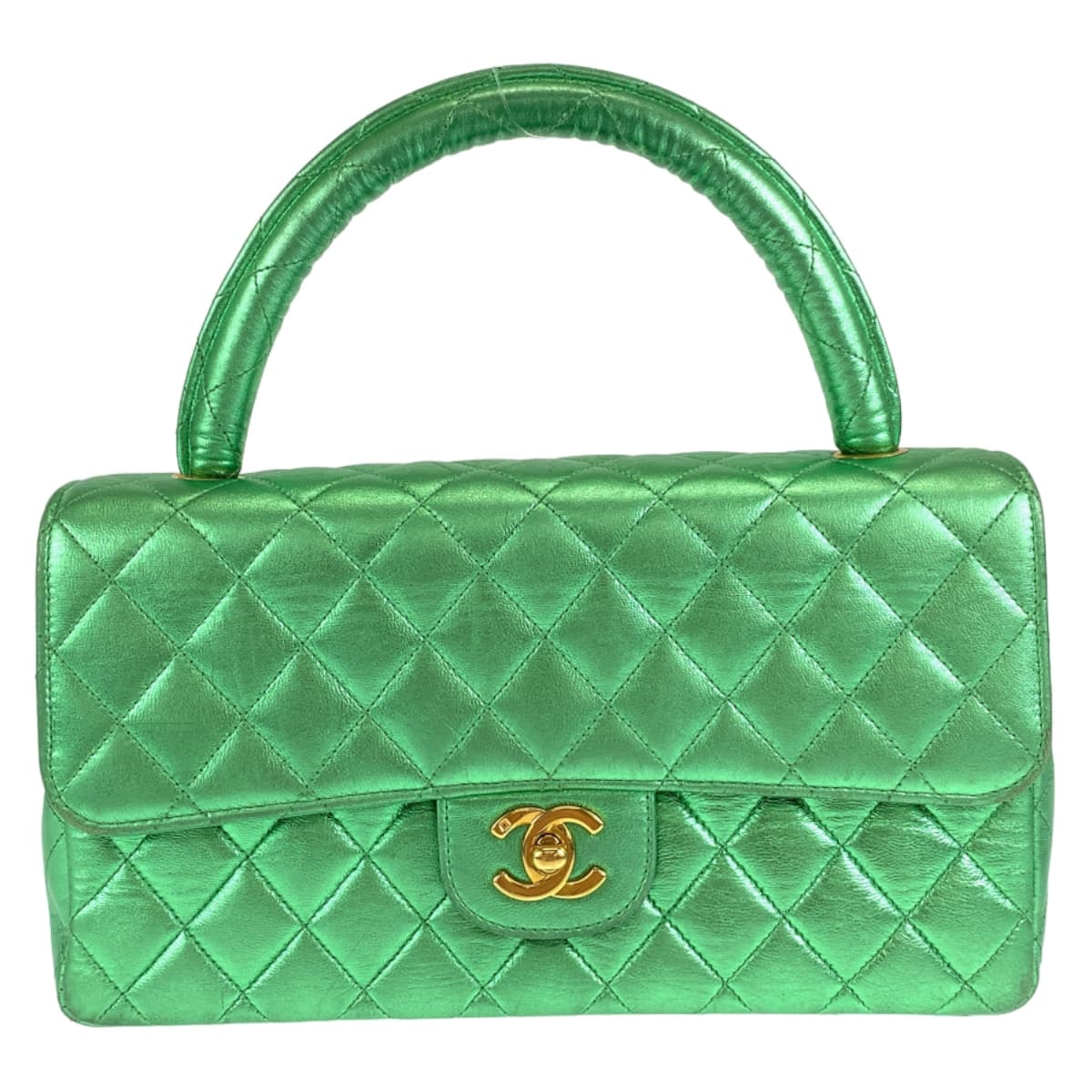 CHANEL シャネル ヴィンテージ マトラッセ 親のみ ココマーク ターンロック メタリックグリーン 緑 ゴールド金具 ラムスキン 親子バッグ ハンドバッグ バニティバッグ 405604 【中古】