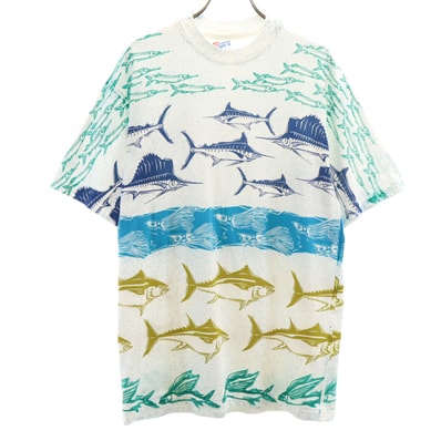 Hanes ヘインズ 90s USA製 オールド フィッシュ柄 半袖 Tシャツ M ホワイト シングルステッチ