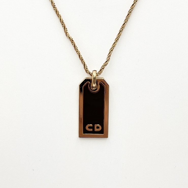 Christian Dior(クリスチャン・ディオール) ネックレス ペンダントネックレス CDロゴ プレート ブラック ゴールドカラー 54cm【中古】