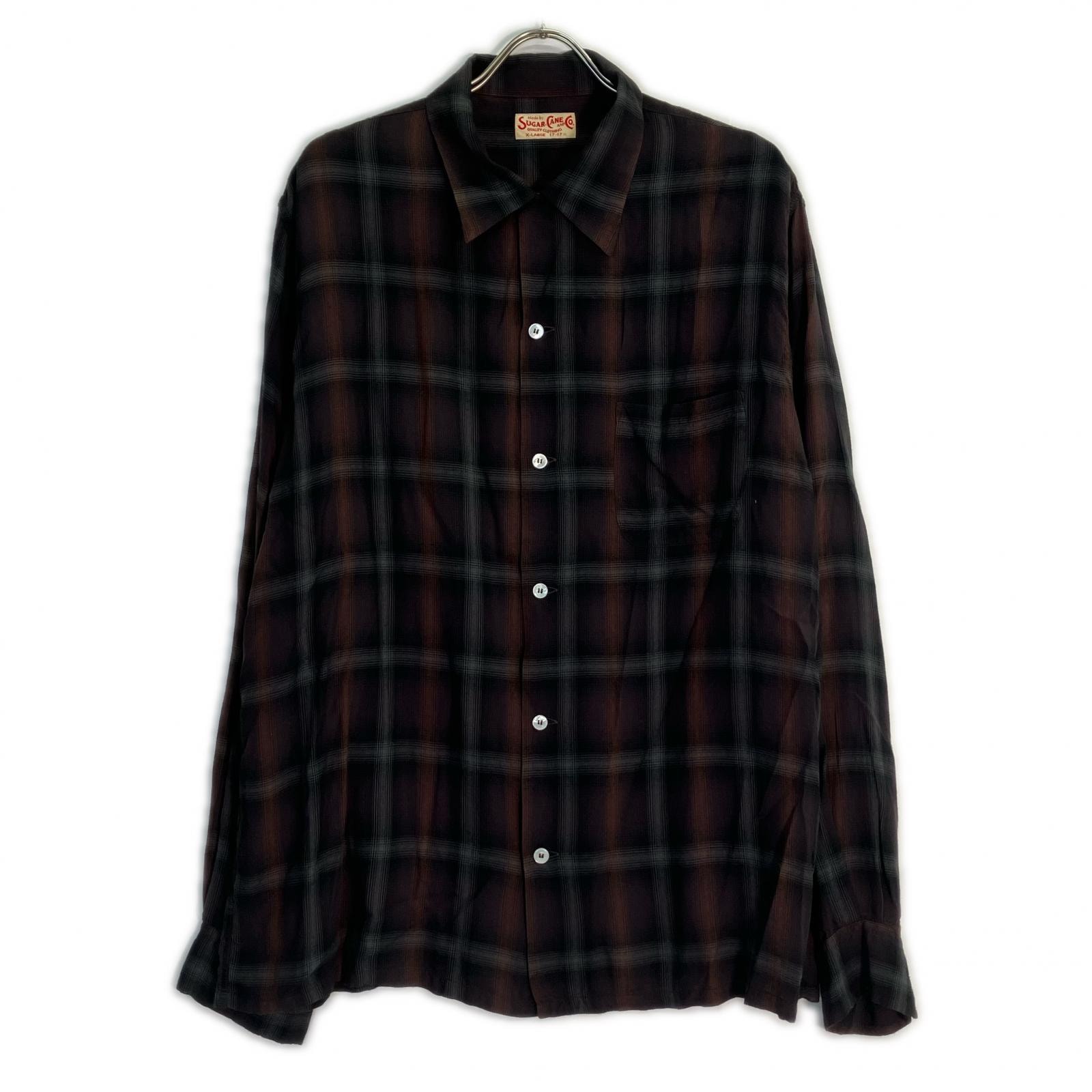 シュガーケーン ブラウン×グレー レーヨン チェックシャツ XL