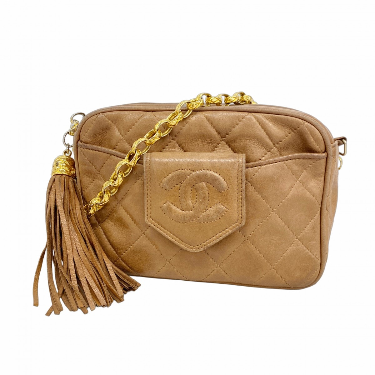 【6dc2934】シャネル ショルダーバッグ マトラッセ フリンジ付きチェーンショルダー ラムスキン ブラウン ゴールド金具【中古】レディース