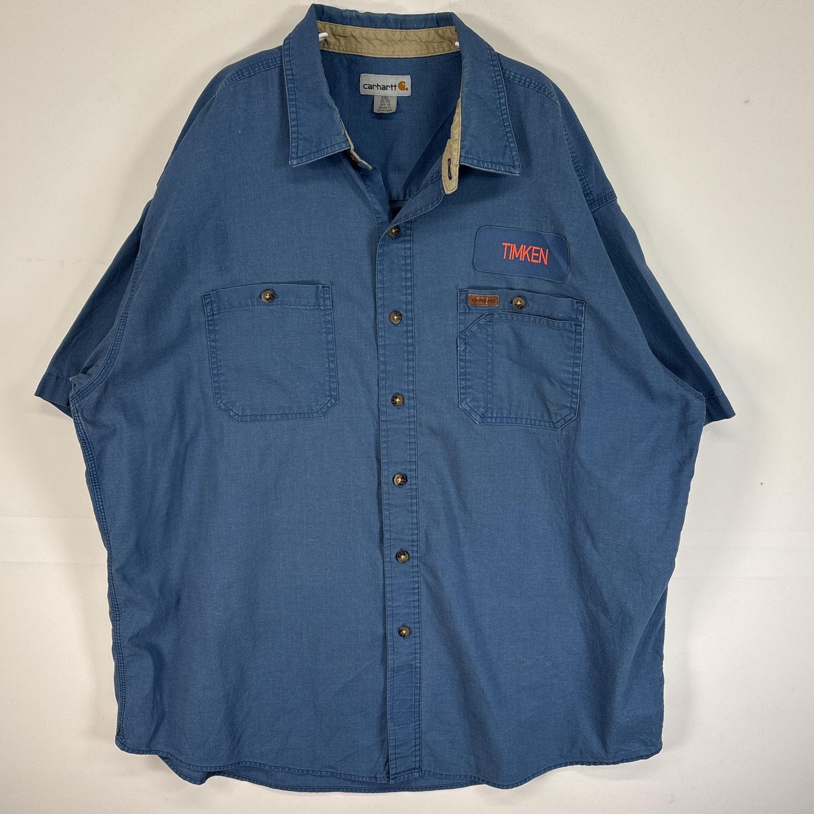 古着 カーハート Carhartt 半袖シャツ ワーク 作業着 ワンポイント ロゴ 大きいサイズ 肉厚 2XL  ブルー系 無地 メンズ