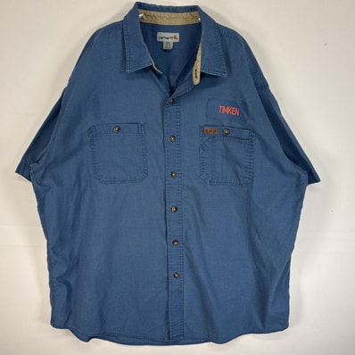 古着 カーハート Carhartt 半袖シャツ ワーク 作業着 ワンポイント ロゴ 大きいサイズ 肉厚 2XL ブルー系 無地 メンズ