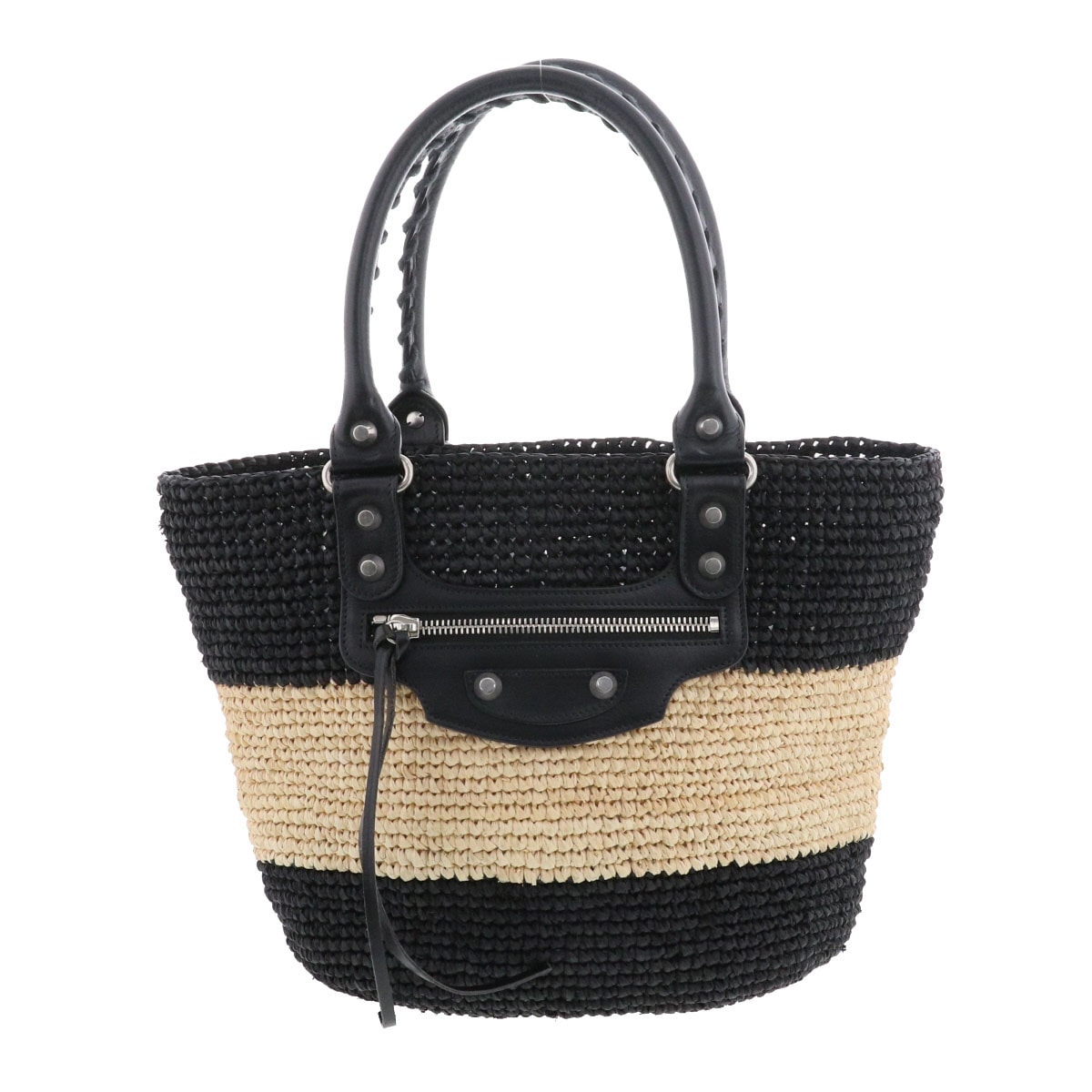 BALENCIAGA バレンシアガ バニエ XS ラフィア カゴバッグ ハンドバッグ 466498 ブラック アイボリー シルバー金具  レディース【中古】